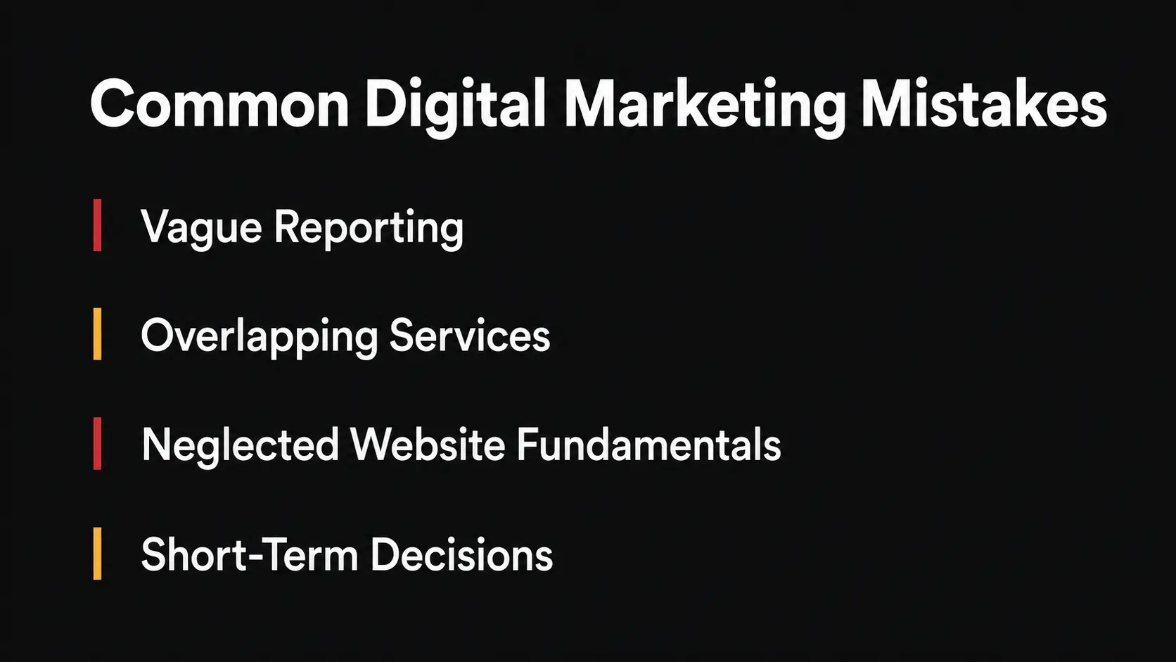 Four common digital marketing mistakes to avoid — vague reporting, overlapping services, weak websites, and short-term thinking