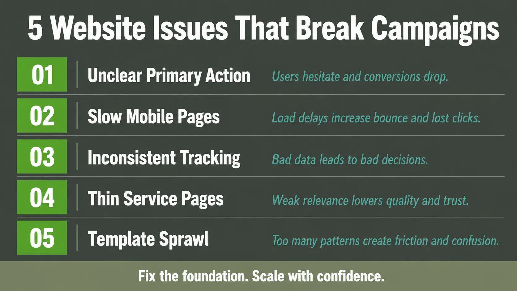 Numbered text graphic listing five common website issues that break marketing campaigns including slow mobile pages, inconsistent tracking, and template sprawl
