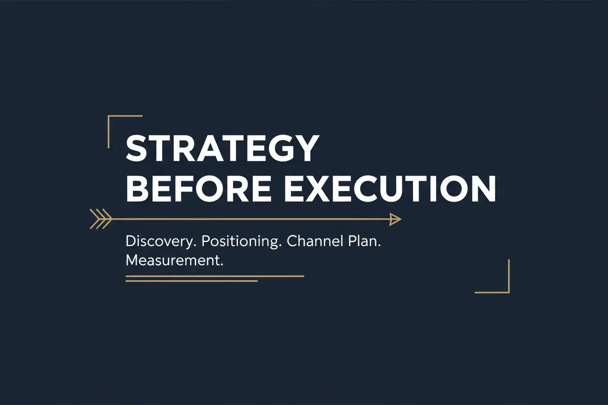 Text graphic reading strategy before execution with subtext covering discovery positioning channel plan and measurement