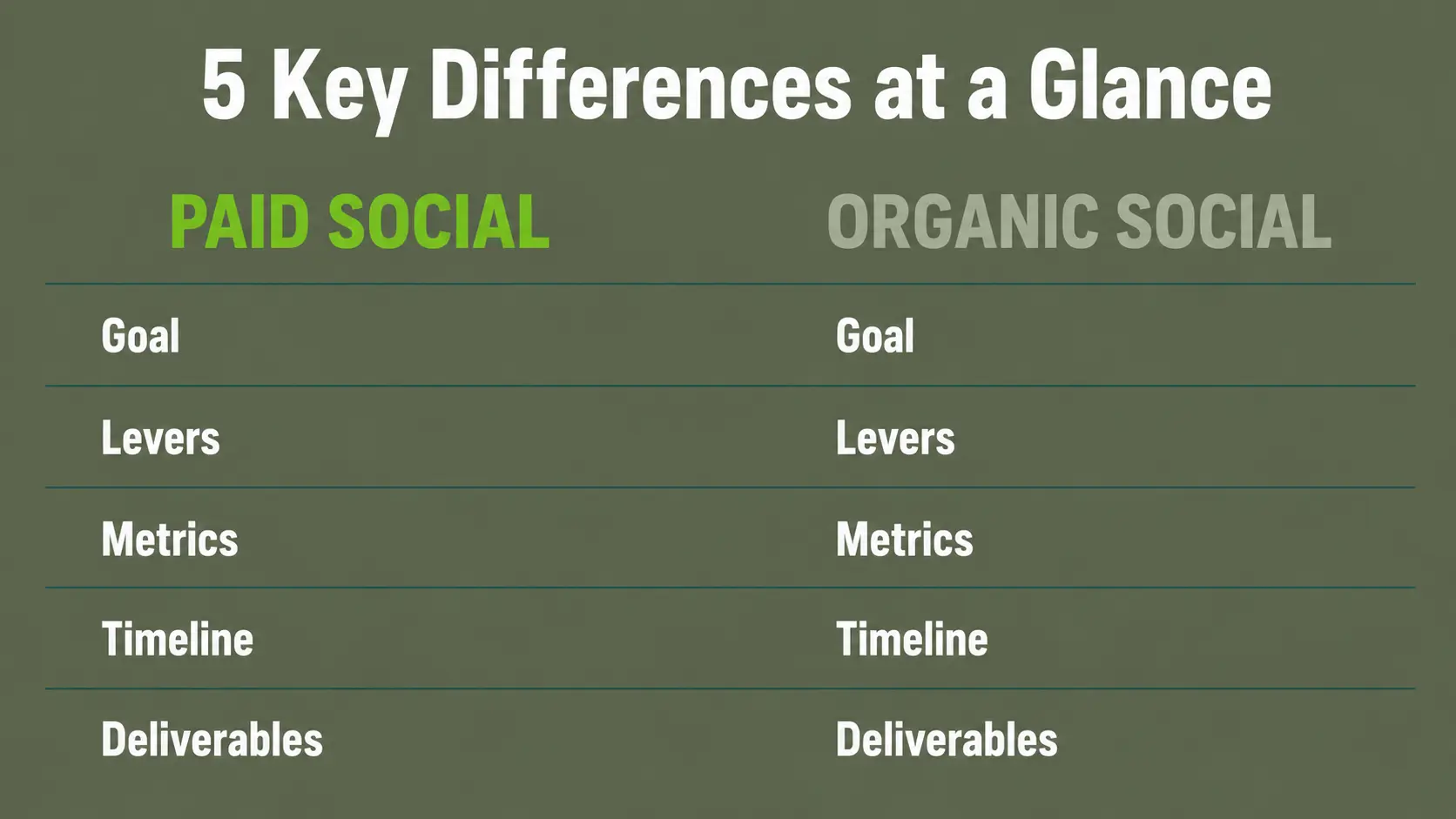 Infographic comparing five key differences between paid social and organic social media agencies