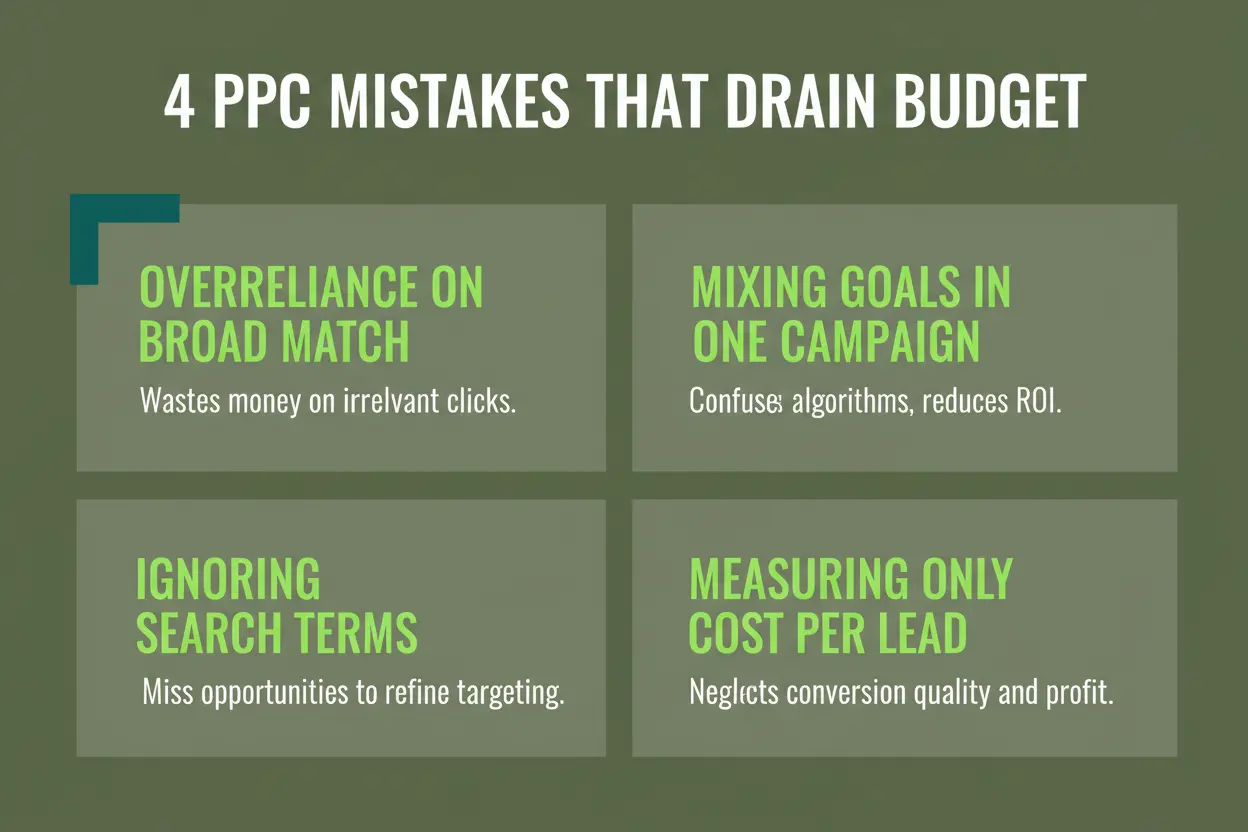 Four-cell grid infographic highlighting common PPC mistakes that waste budget including broad match overuse, mixed goals, ignored search terms, and shallow lead metrics