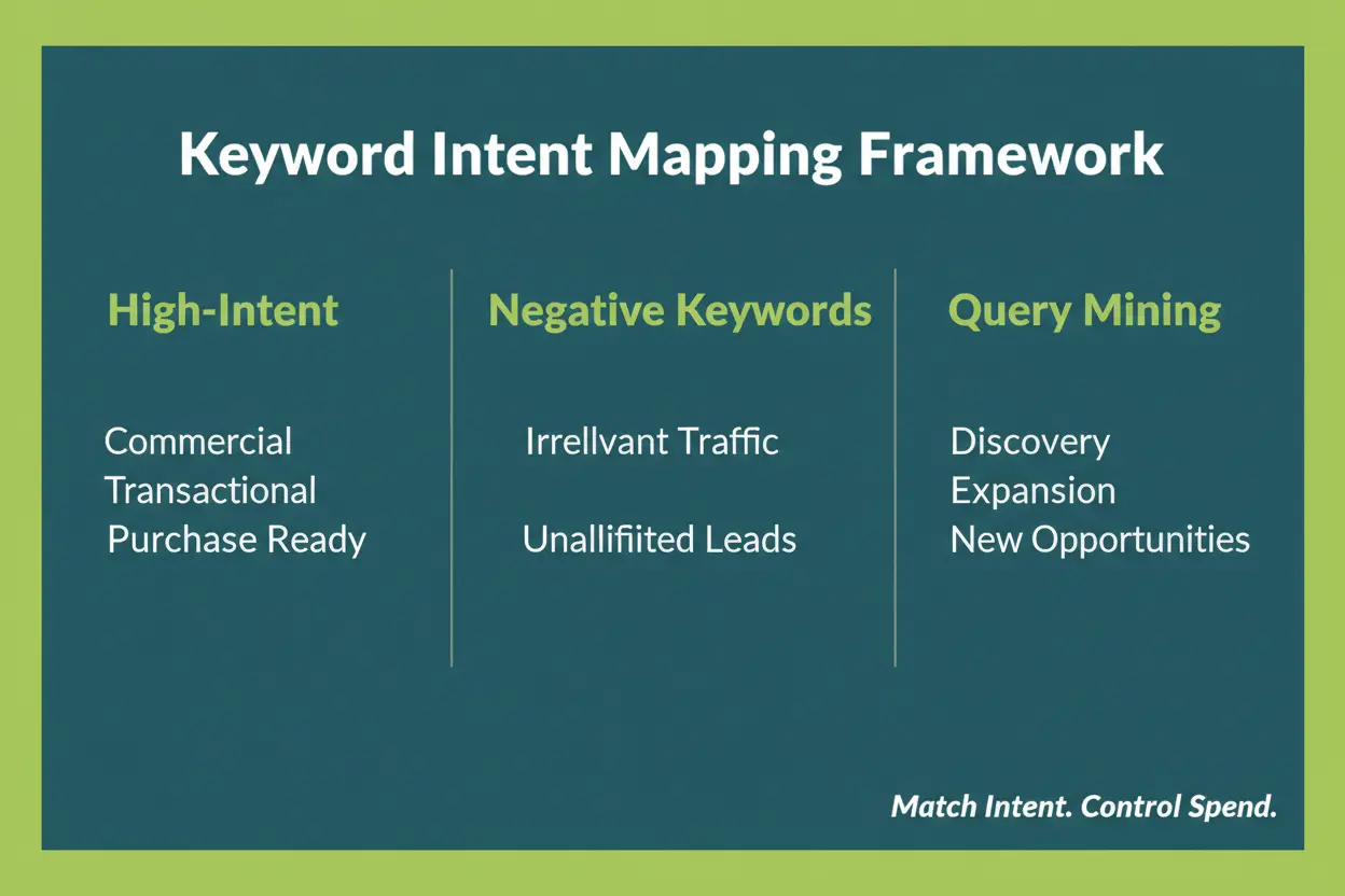 Three-column infographic showing keyword intent mapping framework covering high-intent terms, negative keywords, and query mining