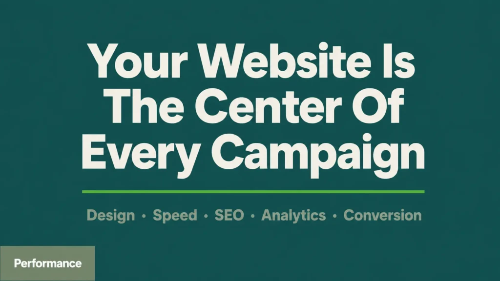 Text graphic with headline: Your Website Is The Center Of Every Campaign with design, speed, SEO, analytics, and conversion listed below