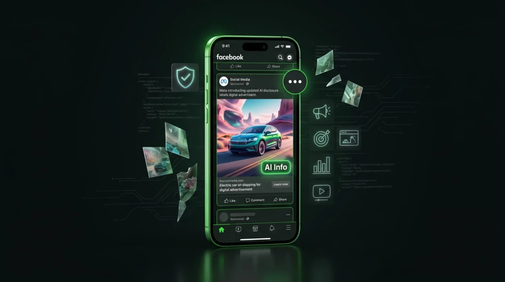 An illuestration of a mobile showcasing the new AI tag in meta platforms