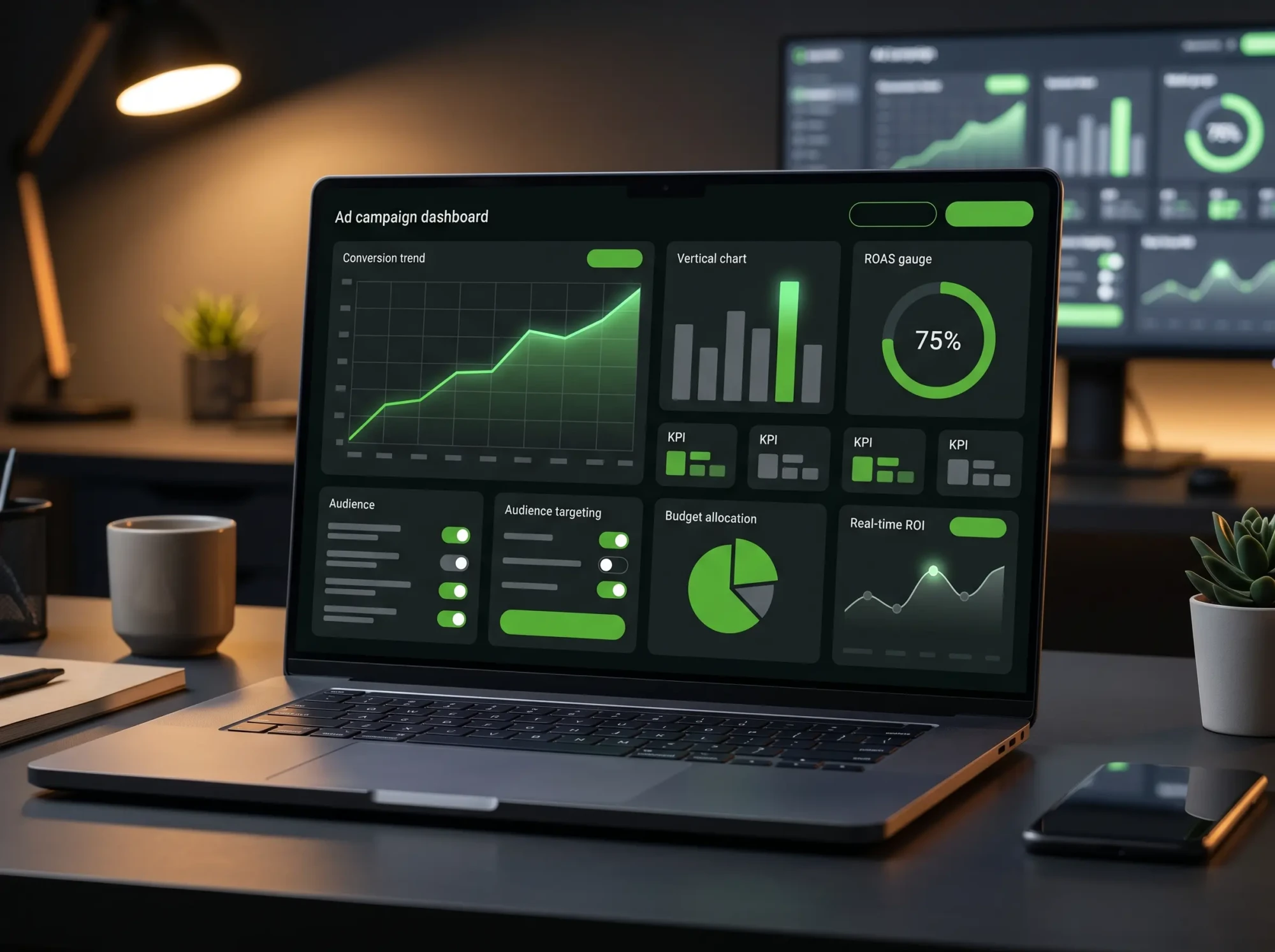 A clean wide-angle modern digital marketing workspace with a laptop showcasing different stats on an ads campaign dashboard