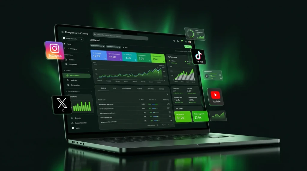 Illustration of a laptop showing google search console tracking different platforms such as instagram, tiktok and facebook