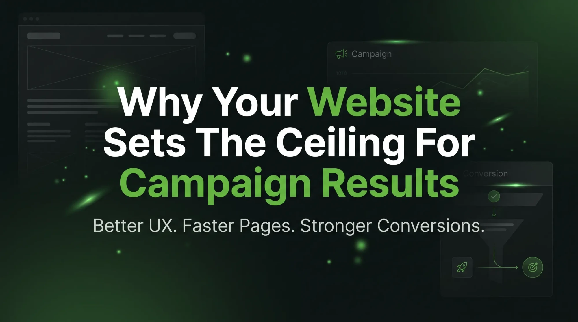 Text-based digital marketing graphic showing a website as the ceiling for campaign results, with dark green background, performance visuals, and the headline about better UX, faster pages, and stronger conversions.