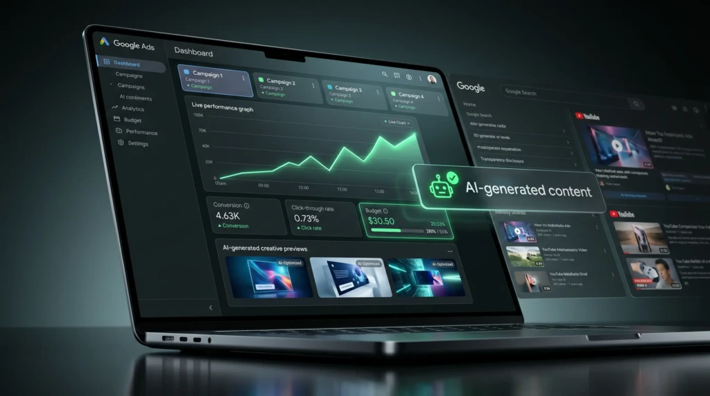 An image of a laptop showcasing google labeling AI generated ads