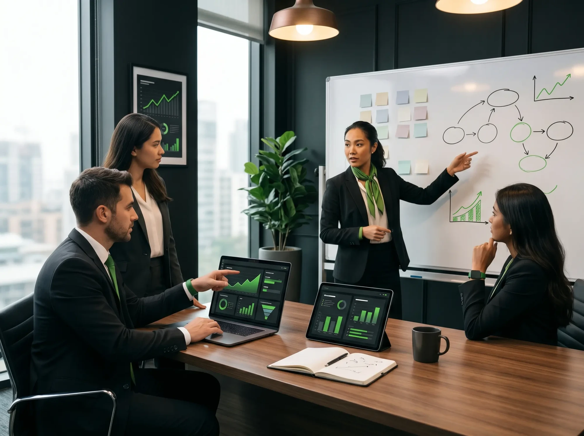 A professional meeting room with people discussing different ideas about digital marketing and ai ad campaigns