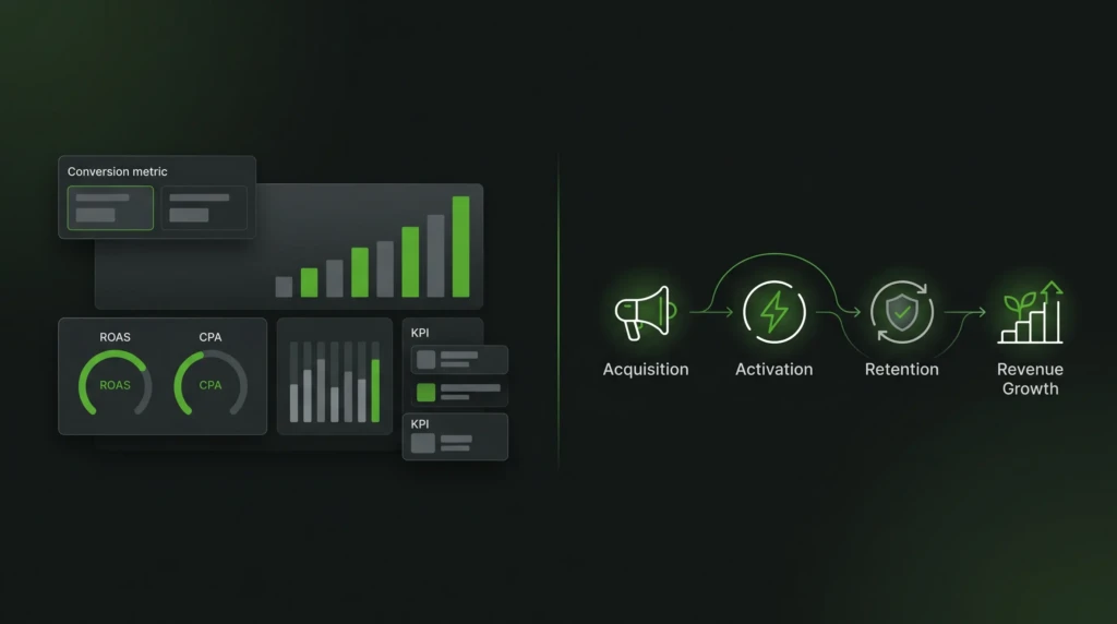 An infographic on a dark green background showing a marketing dashboard mockup on the left and a four-stage growth framework on the right. The pipeline is connected horizontally with green icons and includes the stages: Acquisition, Activation, Retention, and Revenue Growth.